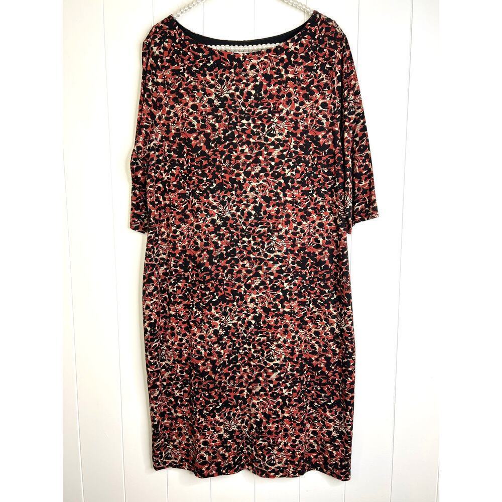 Peruvian Connection Dark Floral 3/4 Length Sleeve Lined Stretch Midi Dress XL